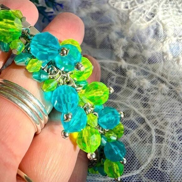 Vintage Green & Blue Acrylic Bead Watchband Chacha Bangle - Picture 2 of 8